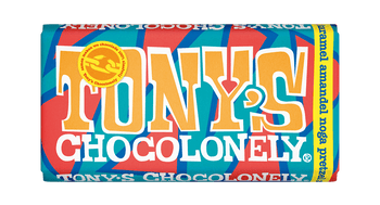 Tony's Chocolonely Melk karamel, amandel, noga, pretzel en zeezout 180g